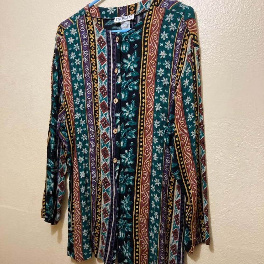 Vintage Timbuktu Station Women's Multi Pattern Long Sleeve Button Up Top Size S